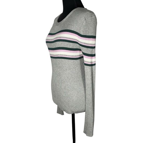 Hooked Up By IOT Long Sleeve Gray Striped Top Stretch Ribbed Knit - Picture 2 of 9